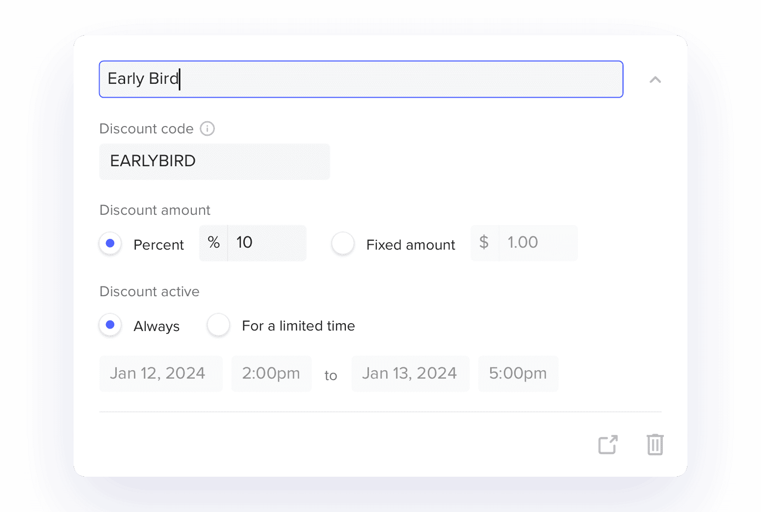 Discount codes management interface