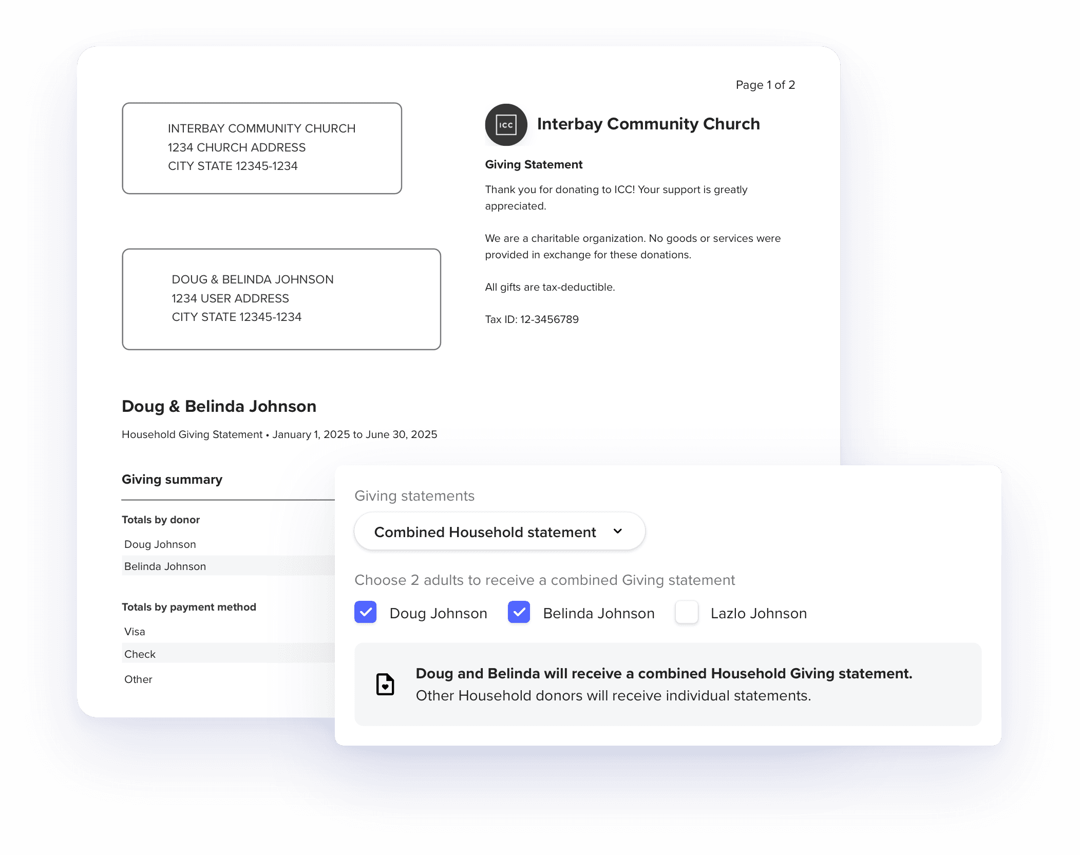 Household giving statement document and selection interface